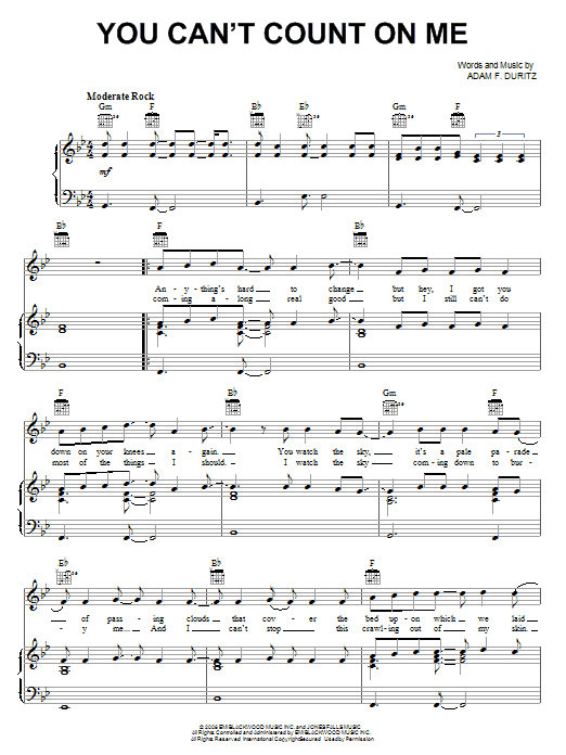 Download Counting Crows You Can't Count On Me Sheet Music and learn how to play Piano, Vocal & Guitar (Right-Hand Melody) PDF digital score in minutes