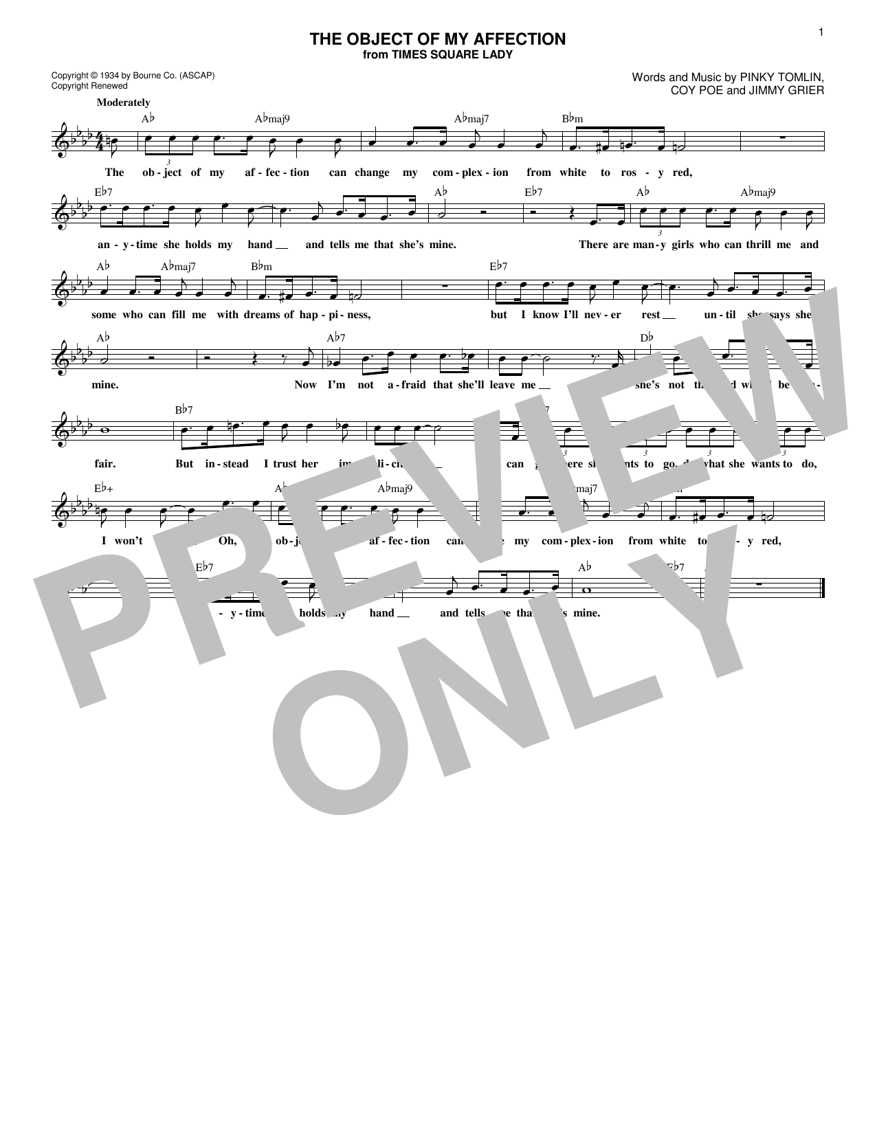 Download Coy Poe The Object Of My Affection Sheet Music and learn how to play Melody Line, Lyrics & Chords PDF digital score in minutes