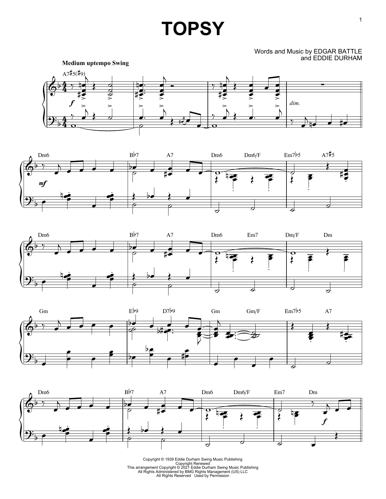 Download Cozy Cole Topsy [Jazz version] (arr. Brent Edstrom) Sheet Music and learn how to play Piano Solo PDF digital score in minutes