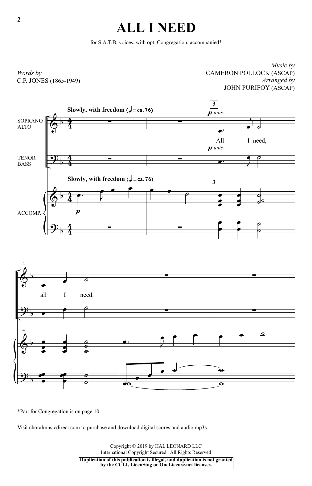 Download C.P. Jones and Cameron Pollock All I Need (arr. John Purifoy) Sheet Music and learn how to play SATB Choir PDF digital score in minutes