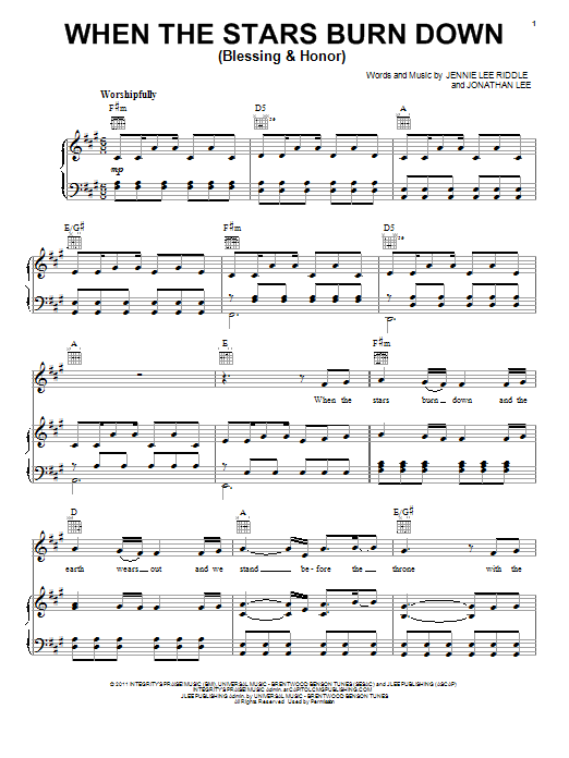 Download Phillips, Craig & Dean When The Stars Burn Down (Blessing And Honor) Sheet Music and learn how to play Piano, Vocal & Guitar (Right-Hand Melody) PDF digital score in minutes