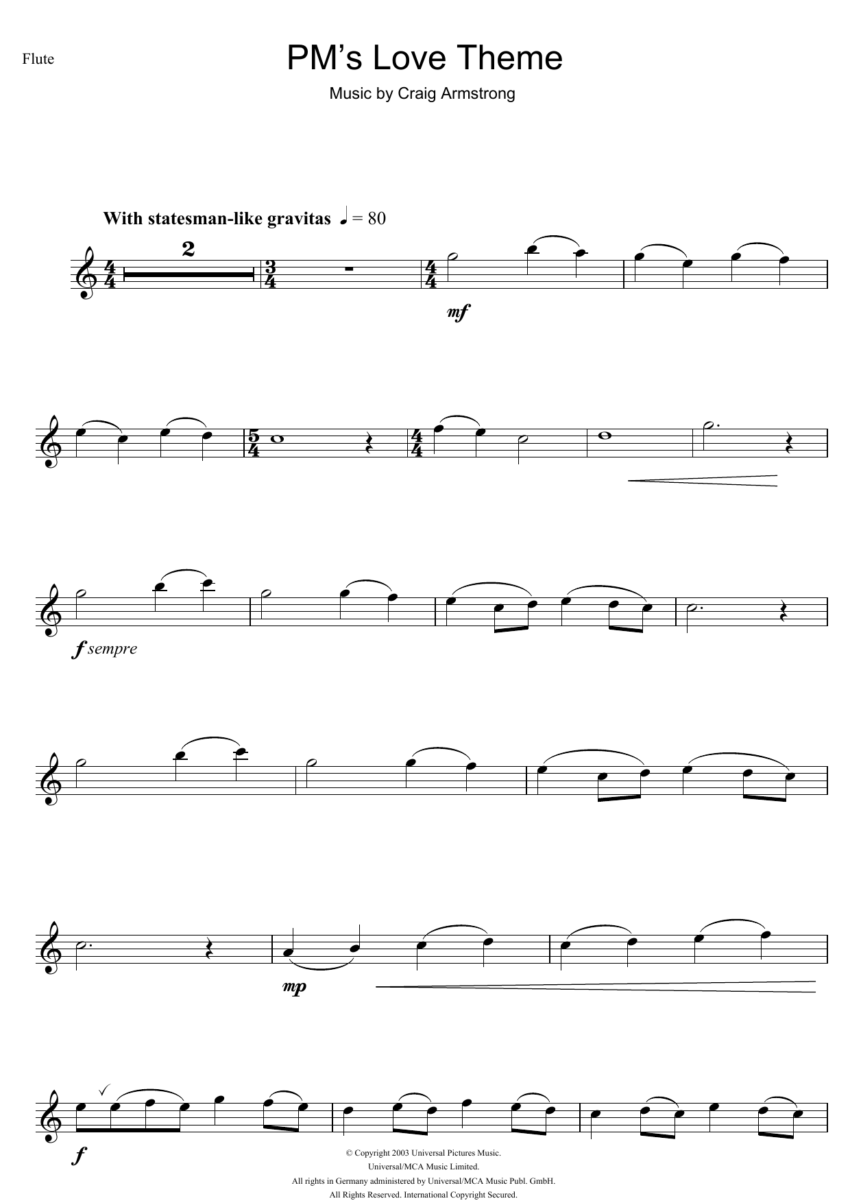 Download Craig Armstrong P.M.'s Love Theme (from Love Actually) Sheet Music and learn how to play Melody Line PDF digital score in minutes