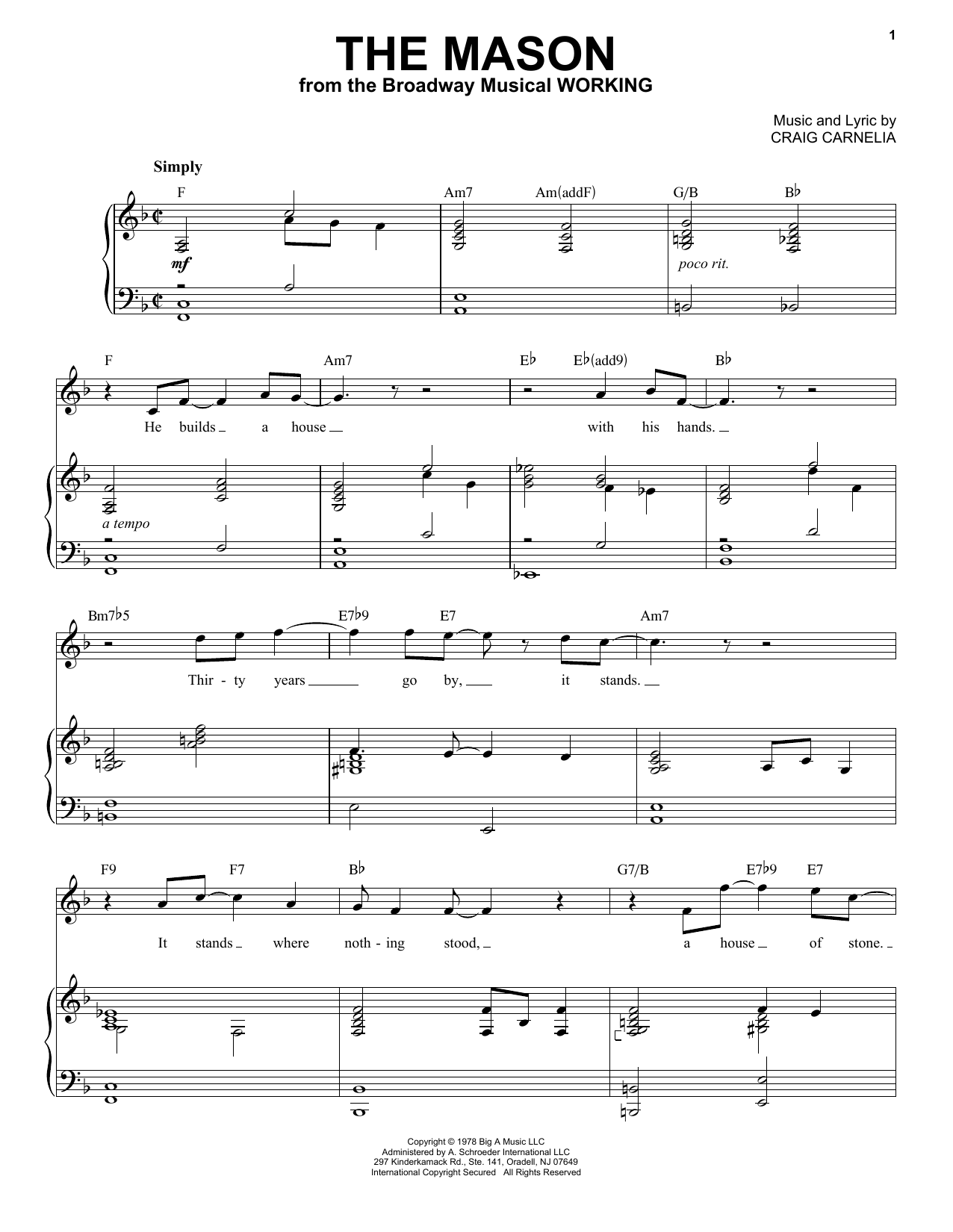 Download Craig Carnelia The Mason Sheet Music and learn how to play Melody Line, Lyrics & Chords PDF digital score in minutes