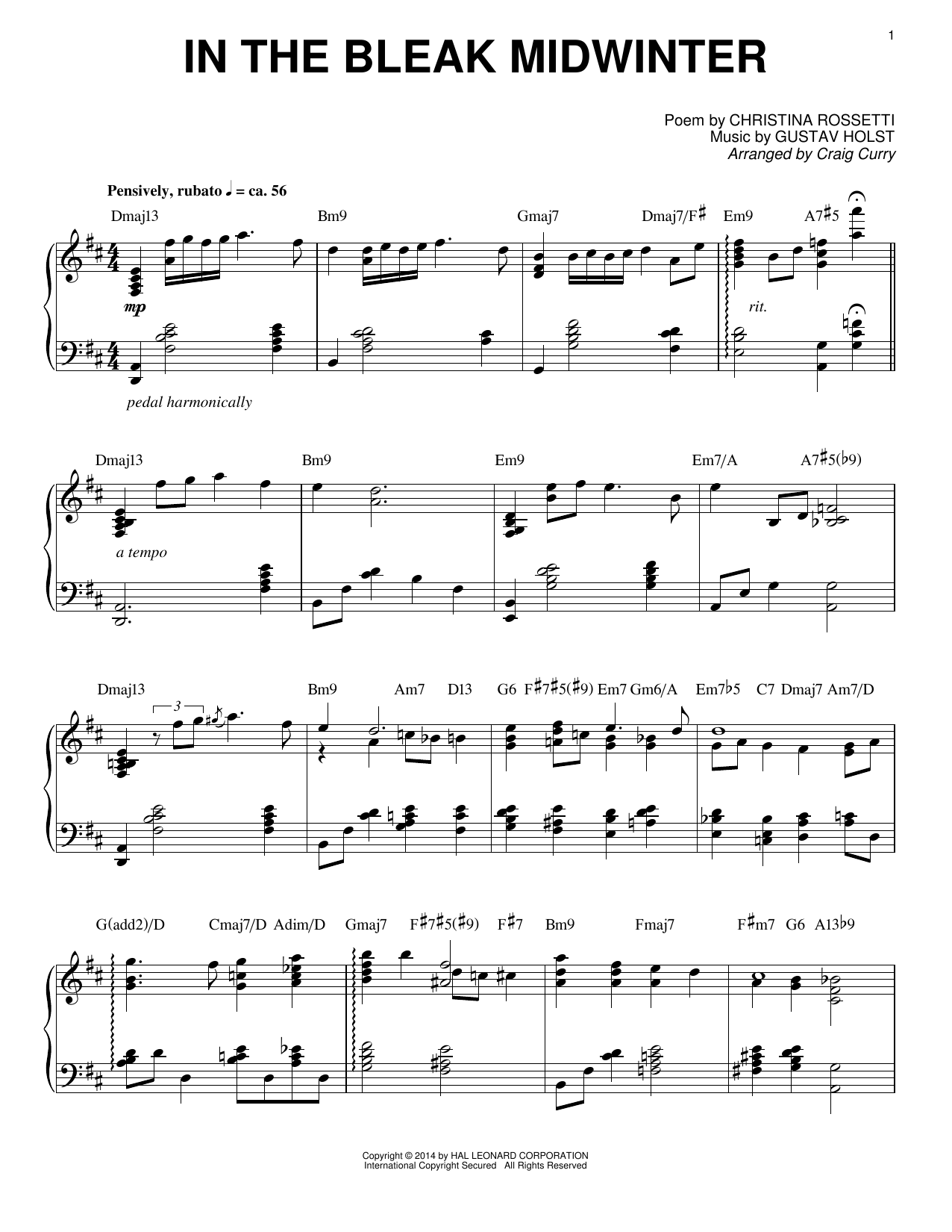 Download Craig Curry In The Bleak Midwinter Sheet Music and learn how to play Piano PDF digital score in minutes