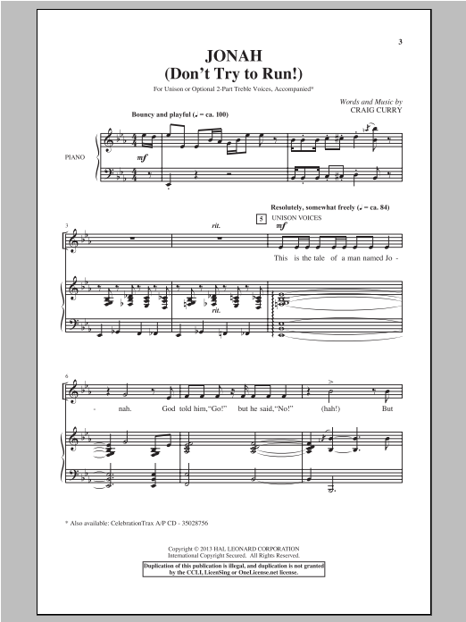 Download Craig Curry Jonah (Don't Try To Run!) Sheet Music and learn how to play Unison Voice PDF digital score in minutes