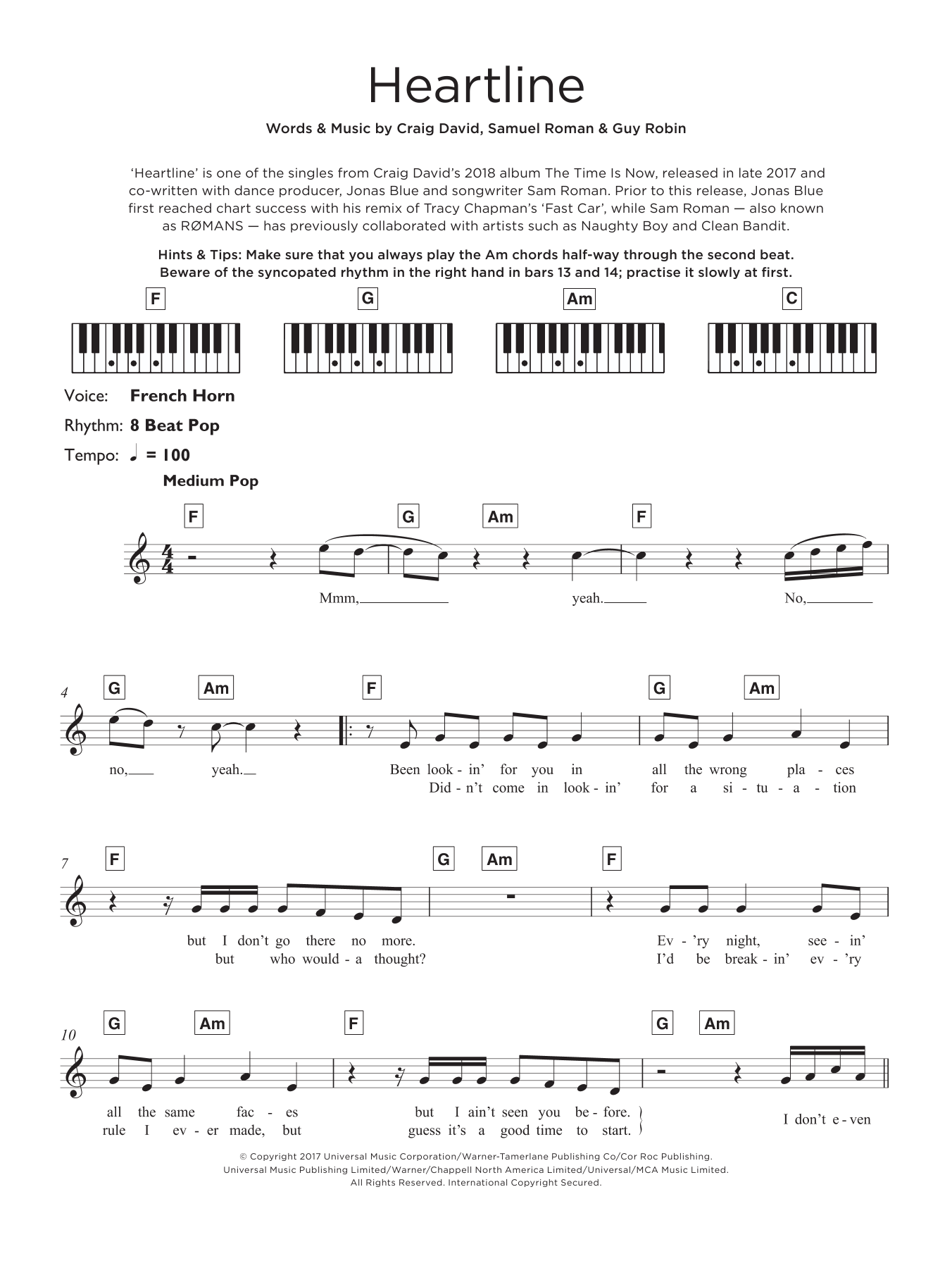 Download Craig David Heartline Sheet Music and learn how to play Really Easy Piano PDF digital score in minutes