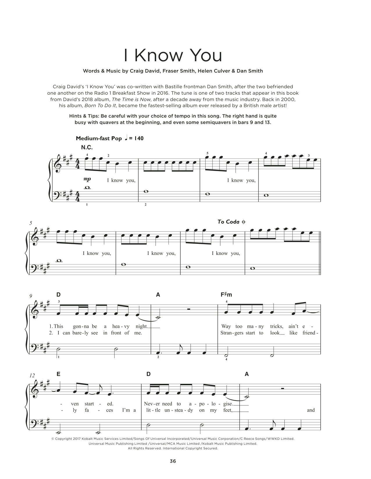 Download Craig David I Know You (feat. Bastille) Sheet Music and learn how to play Really Easy Piano PDF digital score in minutes