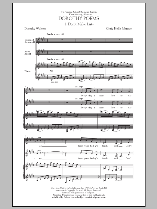 Download Craig Hella Johnson Don't Make Lists Sheet Music and learn how to play SSA PDF digital score in minutes