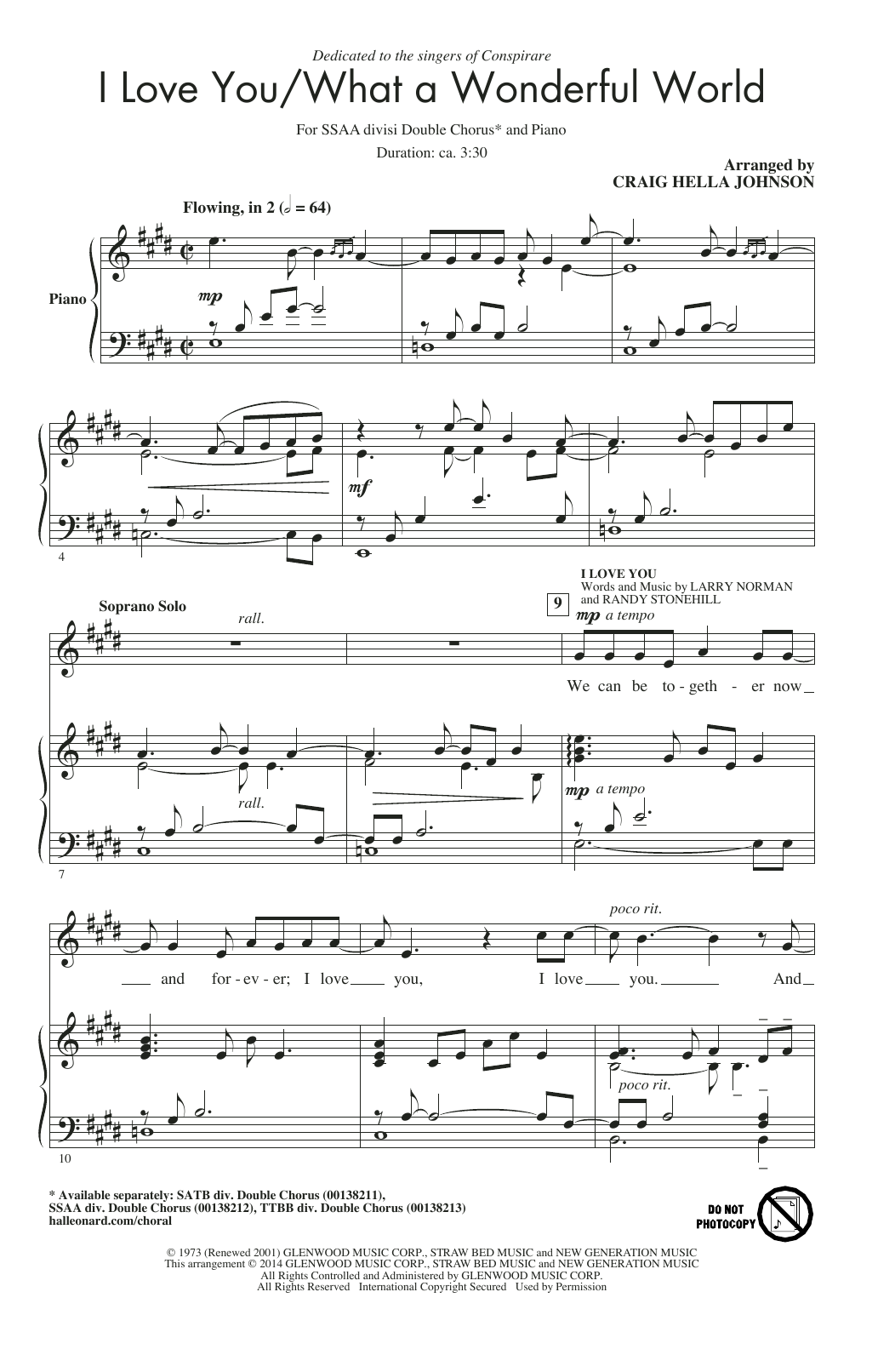 Download Conspirare I Love You / What A Wonderful World (arr. Craig Hella Johnson) Sheet Music and learn how to play SSAA PDF digital score in minutes