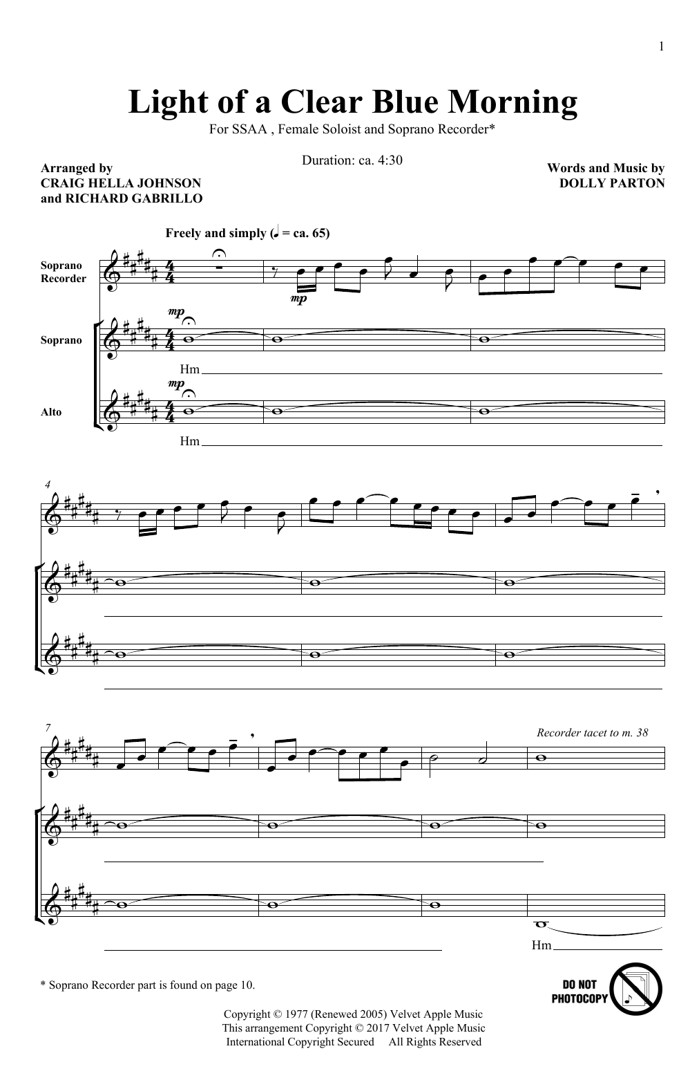 Download Craig Hella Johnson Light Of A Clear Blue Morning Sheet Music and learn how to play SSA PDF digital score in minutes
