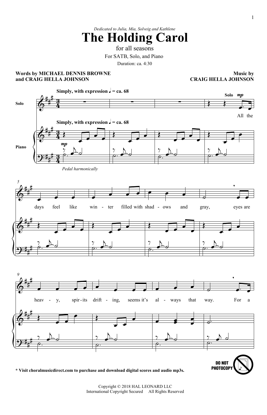 Download Craig Hella Johnson The Holding Carol Sheet Music and learn how to play SATB Choir PDF digital score in minutes