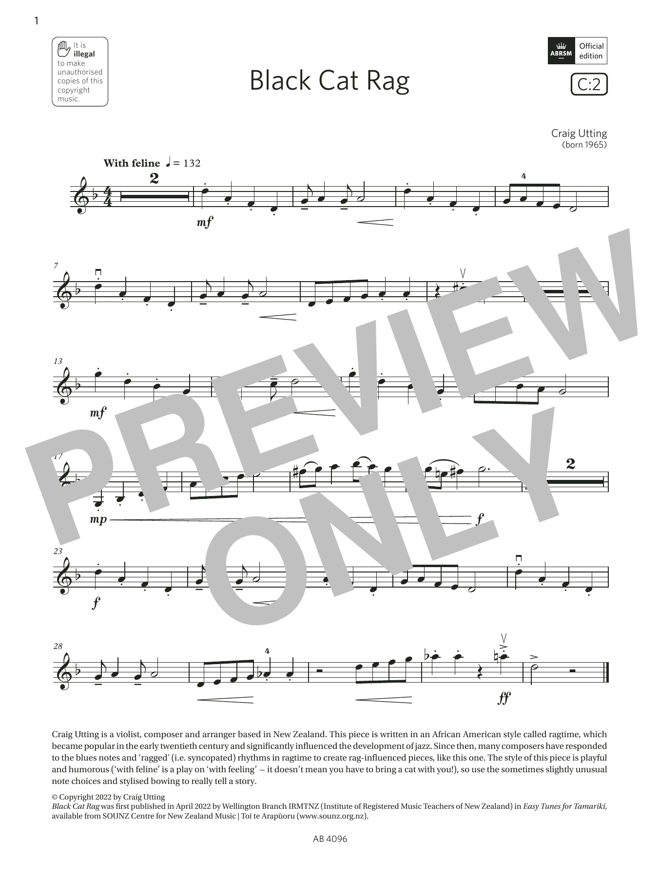 Download Craig Utting Black Cat Rag (Grade 2, C2, from the ABRSM Violin Syllabus from 2024) Sheet Music and learn how to play Violin Solo PDF digital score in minutes