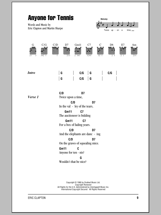 Download Cream Anyone For Tennis Sheet Music and learn how to play Lyrics & Chords PDF digital score in minutes