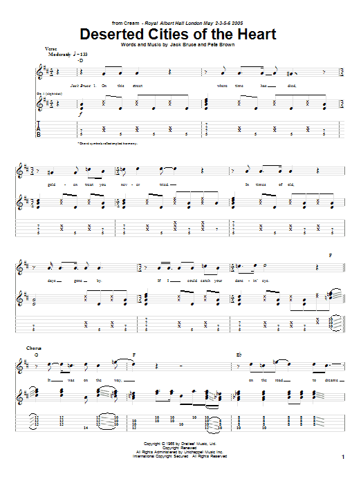 Download Cream Deserted Cities Of The Heart Sheet Music and learn how to play Guitar Tab PDF digital score in minutes