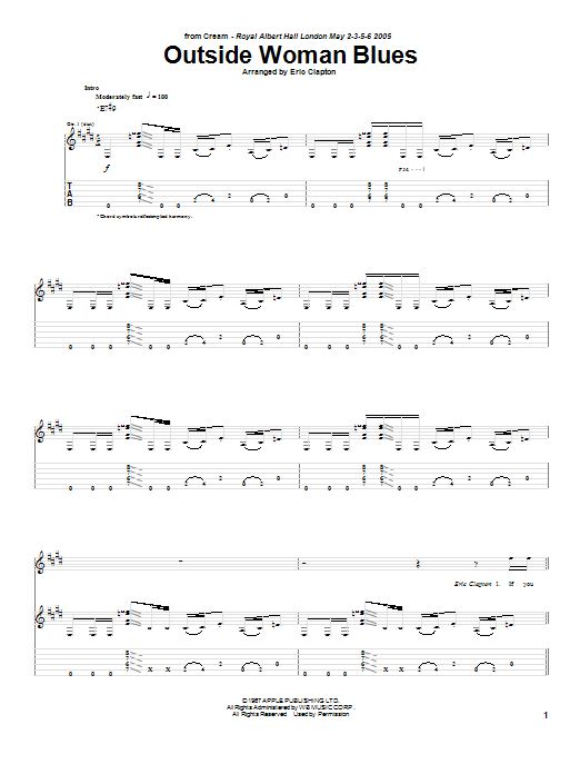 Download Cream Outside Woman Blues Sheet Music and learn how to play Guitar Tab PDF digital score in minutes