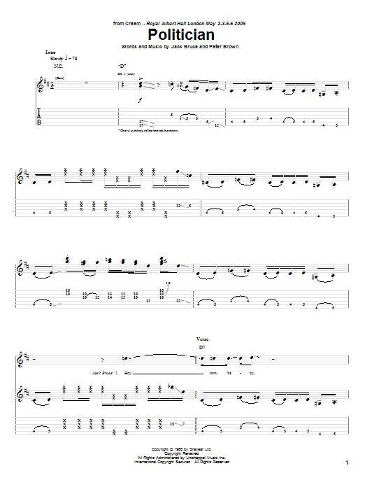 Download Cream Politician Sheet Music and learn how to play Guitar Tab PDF digital score in minutes