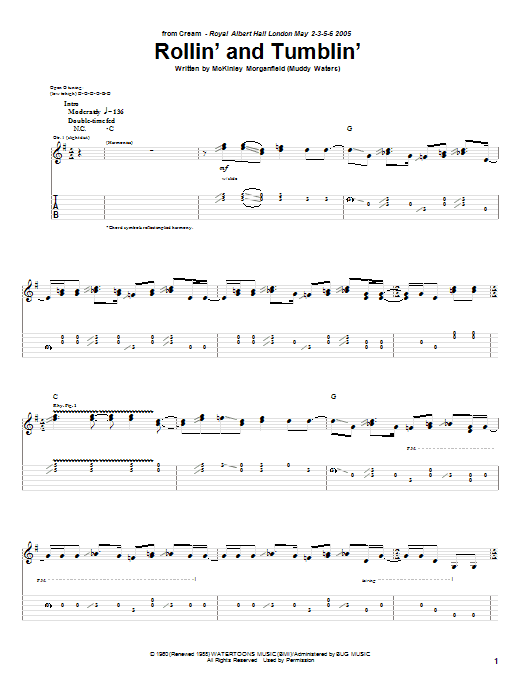 Download Cream Rollin' And Tumblin' Sheet Music and learn how to play Guitar Tab PDF digital score in minutes