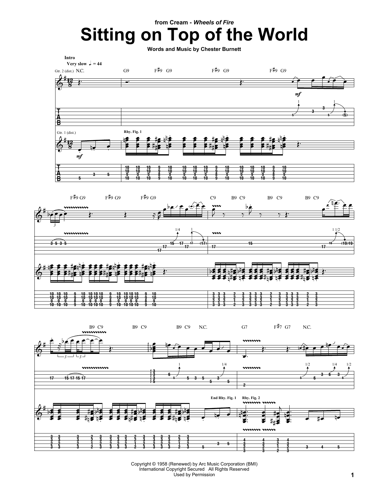 Download Cream Sitting On Top Of The World Sheet Music and learn how to play Guitar Tab PDF digital score in minutes