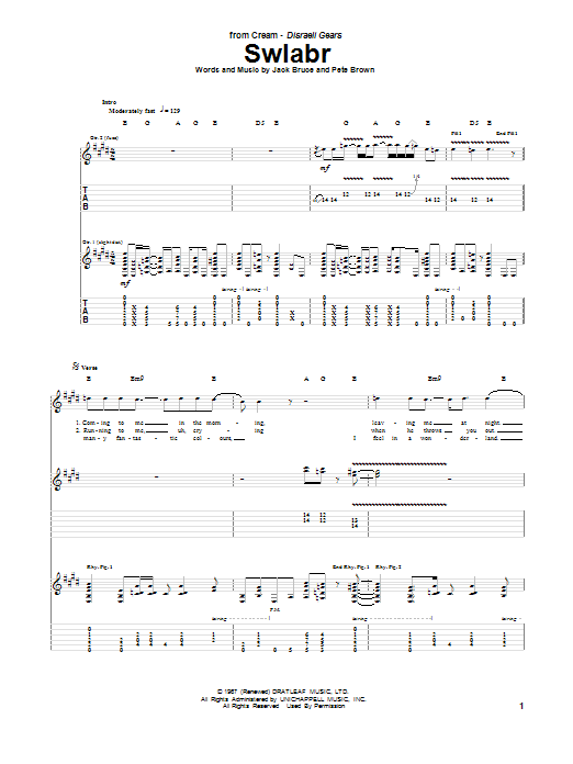 Download Cream Swlabr Sheet Music and learn how to play Bass Guitar Tab PDF digital score in minutes