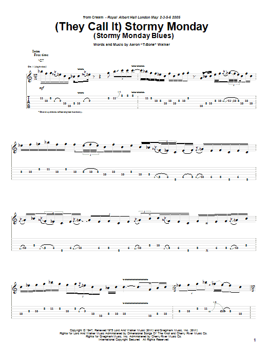 Download Cream (They Call It) Stormy Monday (Stormy Monday Blues) Sheet Music and learn how to play Guitar Tab PDF digital score in minutes