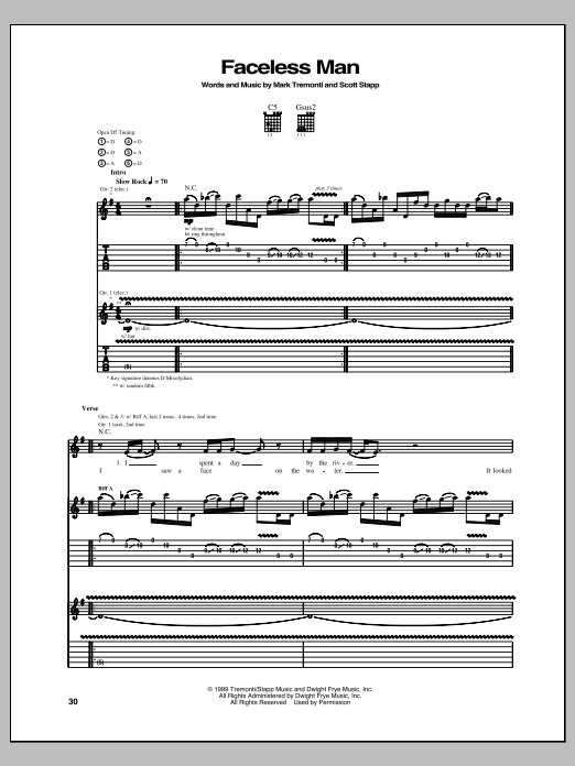 Download Creed Faceless Man Sheet Music and learn how to play Guitar Tab PDF digital score in minutes