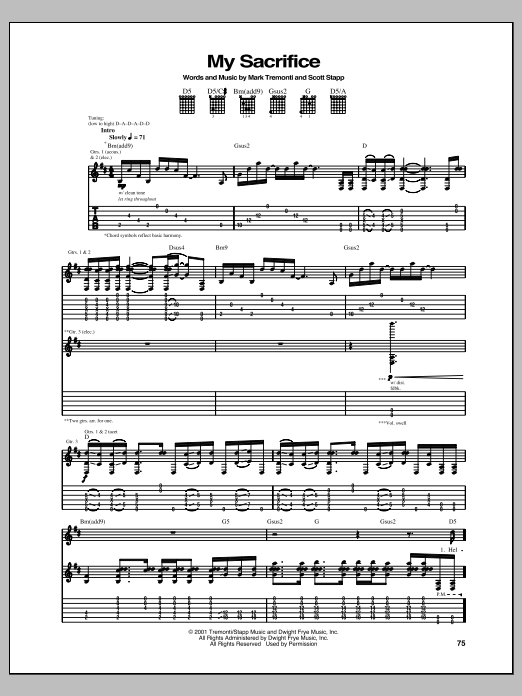 Download Creed My Sacrifice Sheet Music and learn how to play Guitar Tab PDF digital score in minutes