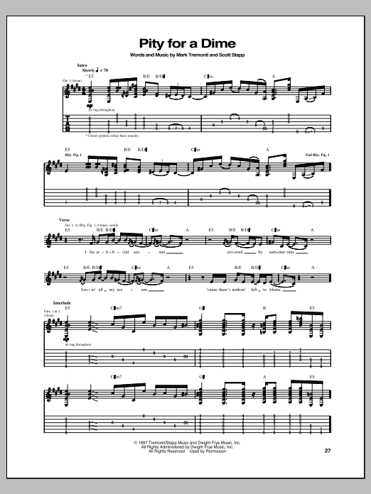 Download Creed Pity For A Dime Sheet Music and learn how to play Guitar Tab PDF digital score in minutes