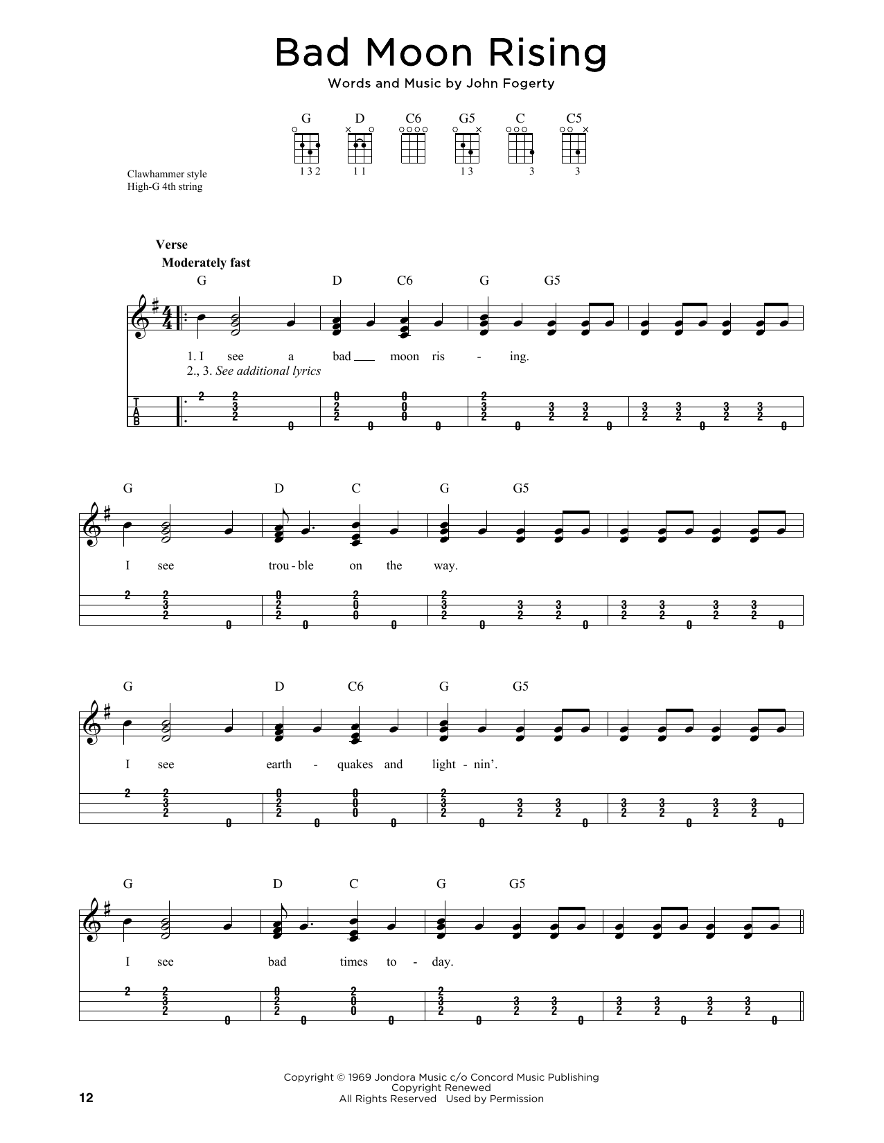 Download Creedence Clearwater Revival Bad Moon Rising (arr. Jim Schustedt) Sheet Music and learn how to play Ukulele PDF digital score in minutes