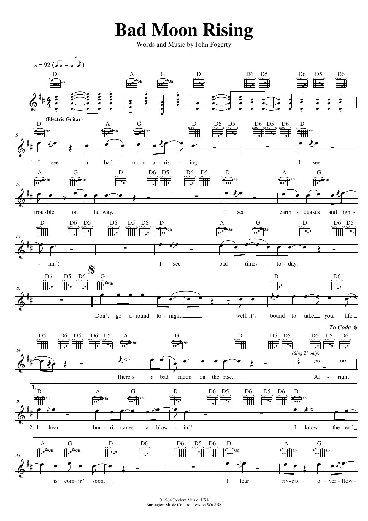 Download Creedence Clearwater Revival Bad Moon Rising Sheet Music and learn how to play Guitar Lead Sheet PDF digital score in minutes