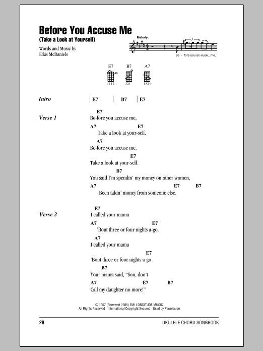Download Creedence Clearwater Revival Before You Accuse Me (Take A Look At Yourself) Sheet Music and learn how to play Ukulele with strumming patterns PDF digital score in minutes
