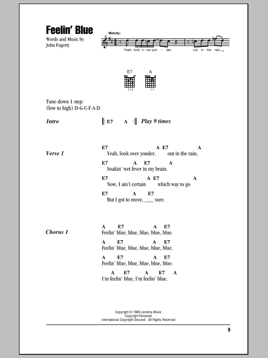 Download Creedence Clearwater Revival Feelin' Blue Sheet Music and learn how to play Lyrics & Chords PDF digital score in minutes