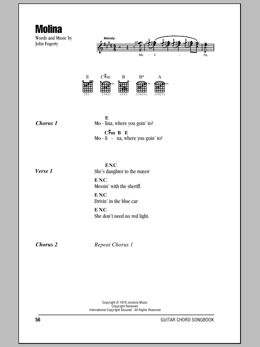 Download Creedence Clearwater Revival Molina Sheet Music and learn how to play Lyrics & Chords PDF digital score in minutes