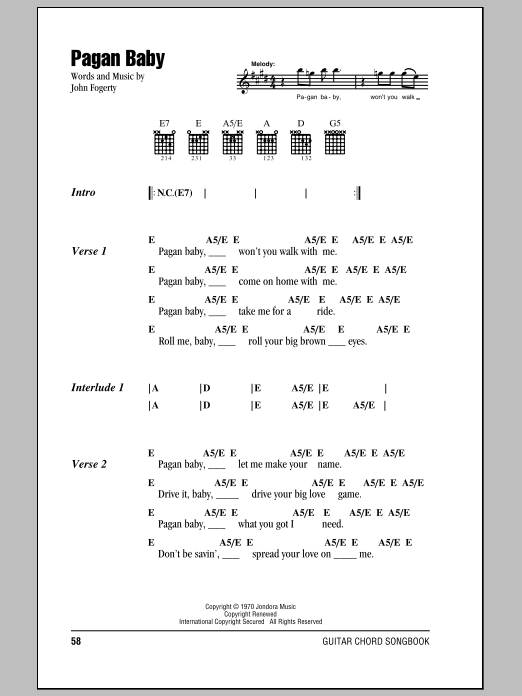 Download Creedence Clearwater Revival Pagan Baby Sheet Music and learn how to play Lyrics & Chords PDF digital score in minutes