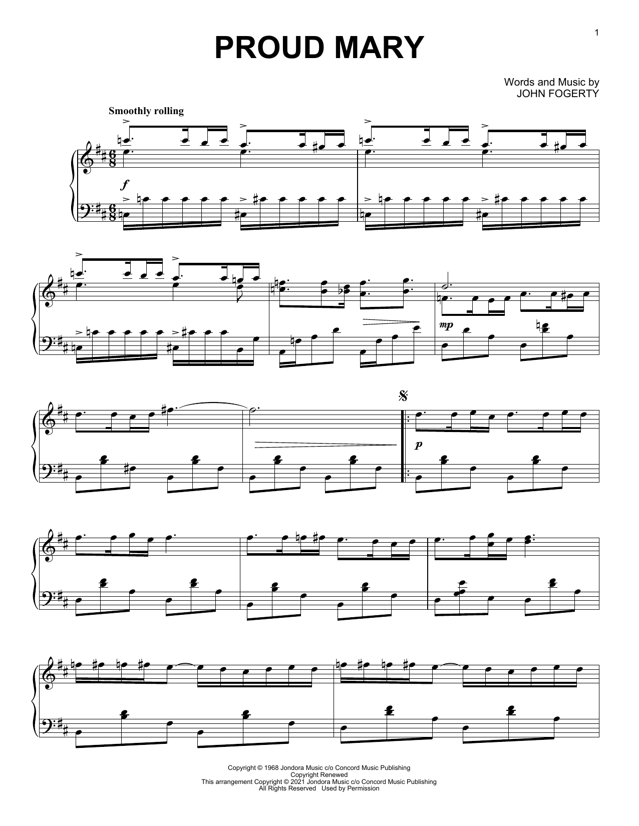 Download Creedence Clearwater Revival Proud Mary [Classical version] (arr. David Pearl) Sheet Music and learn how to play Piano Solo PDF digital score in minutes