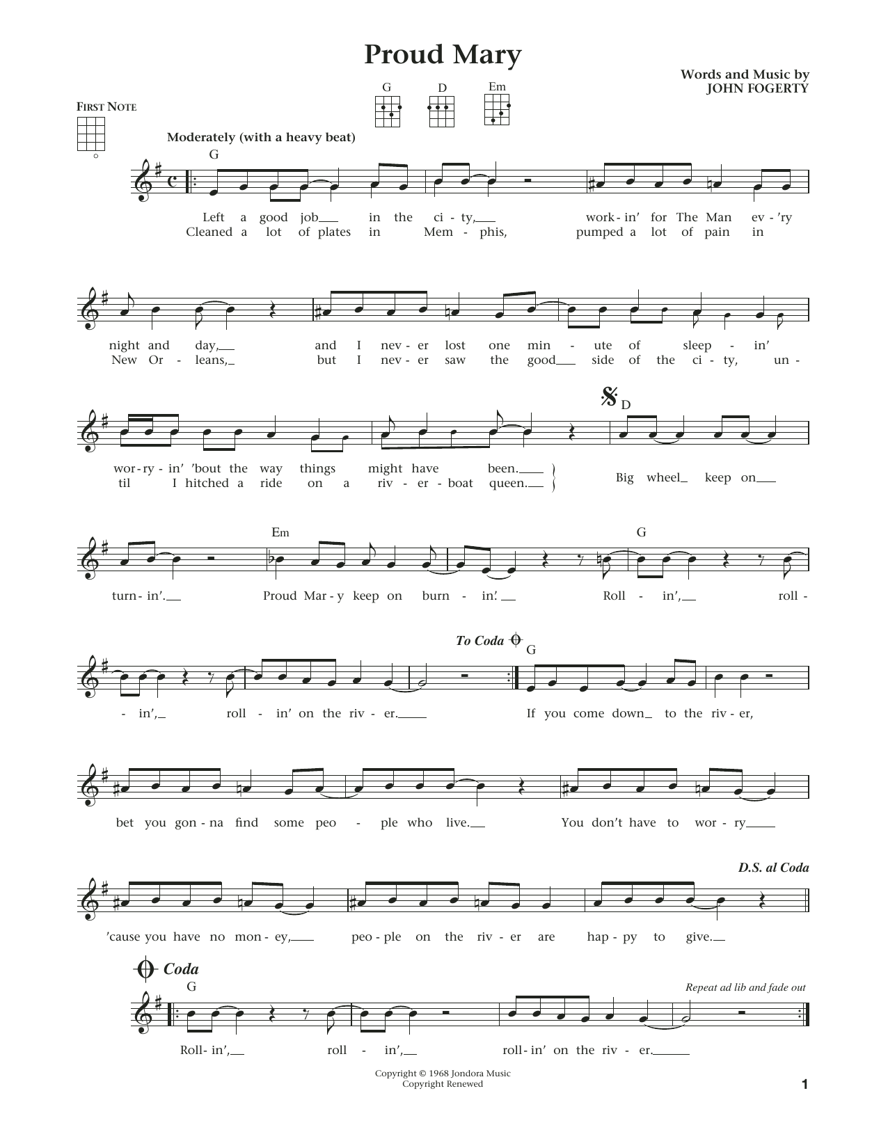 Download Creedence Clearwater Revival Proud Mary Sheet Music and learn how to play Ukulele PDF digital score in minutes