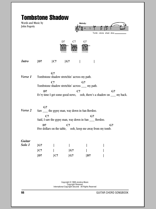 Download Creedence Clearwater Revival Tombstone Shadow Sheet Music and learn how to play Lyrics & Chords PDF digital score in minutes