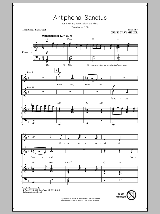 Download Cristi Cary Miller Antiphonal Sanctus Sheet Music and learn how to play 2-Part Choir PDF digital score in minutes