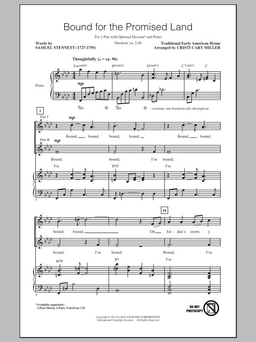 Download Traditional Bound For The Promised Land (arr. Cristi Cary Miller) Sheet Music and learn how to play 3-Part Mixed PDF digital score in minutes