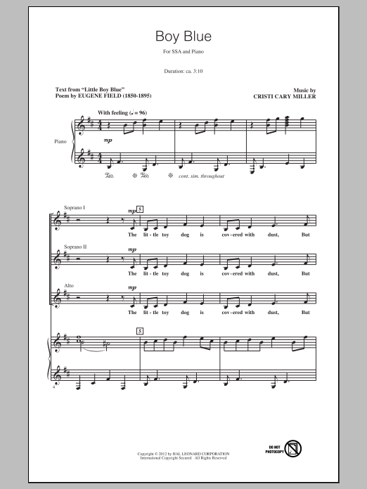 Download Cristi Cary Miller Boy Blue Sheet Music and learn how to play SSA PDF digital score in minutes