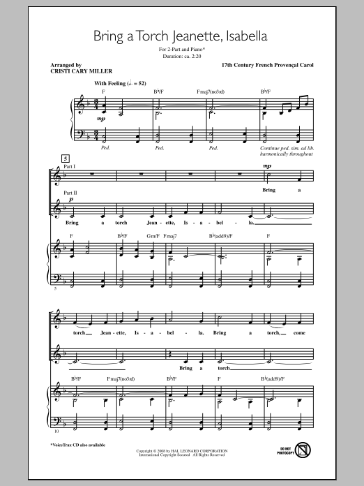 Download Traditional Carol Bring A Torch, Jeannette, Isabella (arr. Cristi Cary Miller) Sheet Music and learn how to play 2-Part Choir PDF digital score in minutes