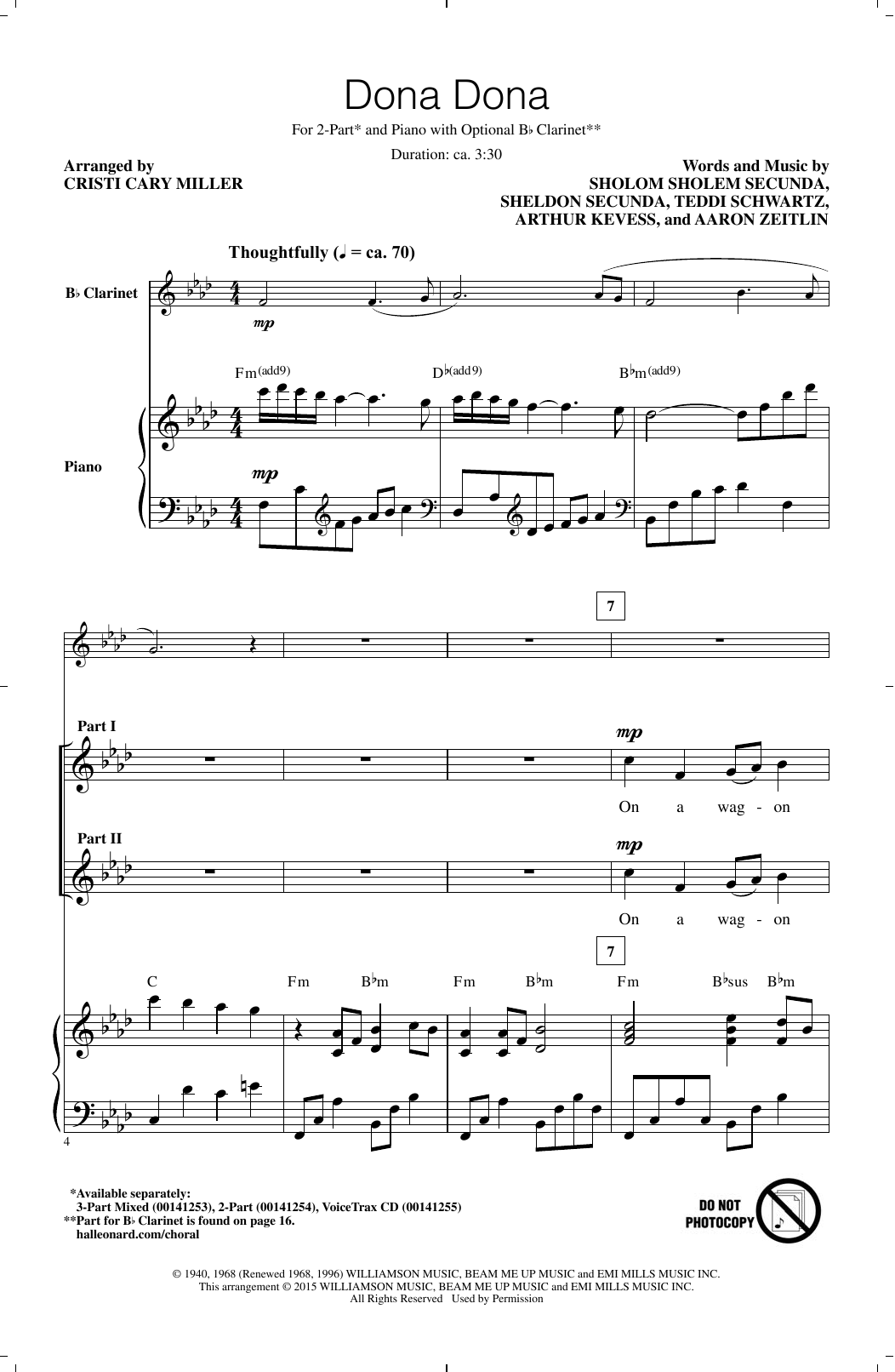 Download Joan Baez Dona Dona (arr. Cristi Cary Miller) Sheet Music and learn how to play 2-Part Choir PDF digital score in minutes