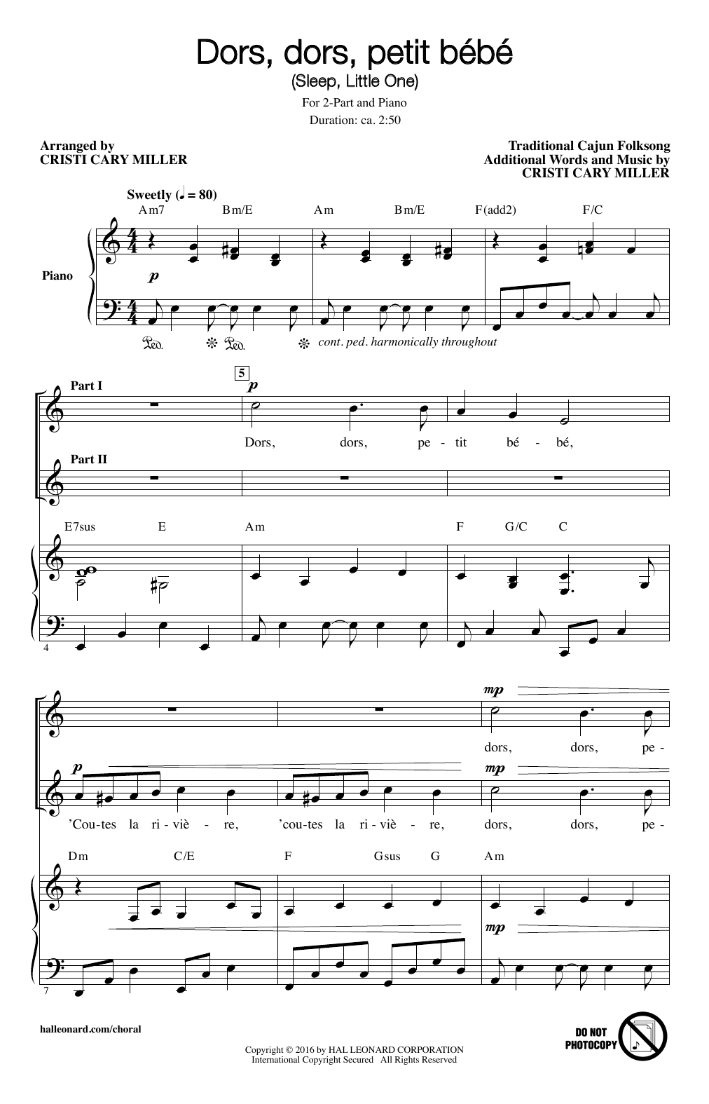 Download Cristi Cary Miller Dors, Dors, Petit Bebe (Sleep, Little One) Sheet Music and learn how to play 2-Part Choir PDF digital score in minutes