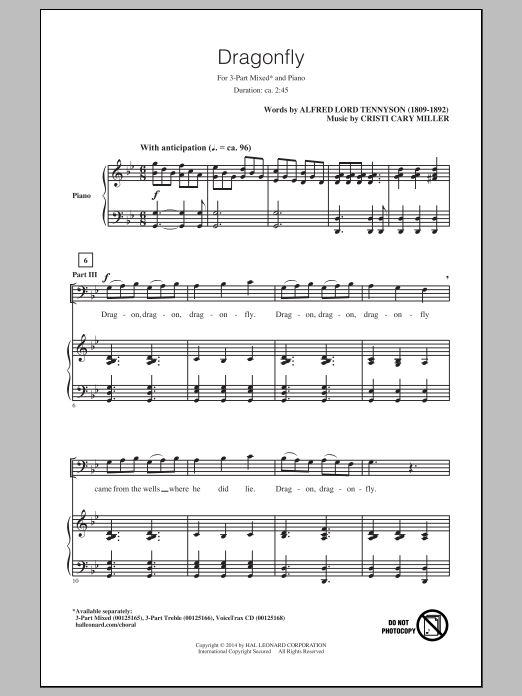 Download Cristi Cary Miller Dragonfly Sheet Music and learn how to play 3-Part Treble PDF digital score in minutes