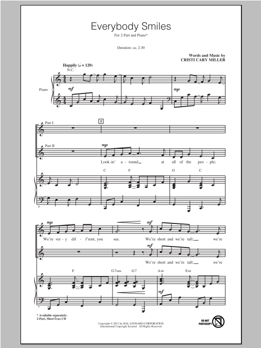 Download Cristi Cary Miller Everybody Smiles Sheet Music and learn how to play 2-Part Choir PDF digital score in minutes