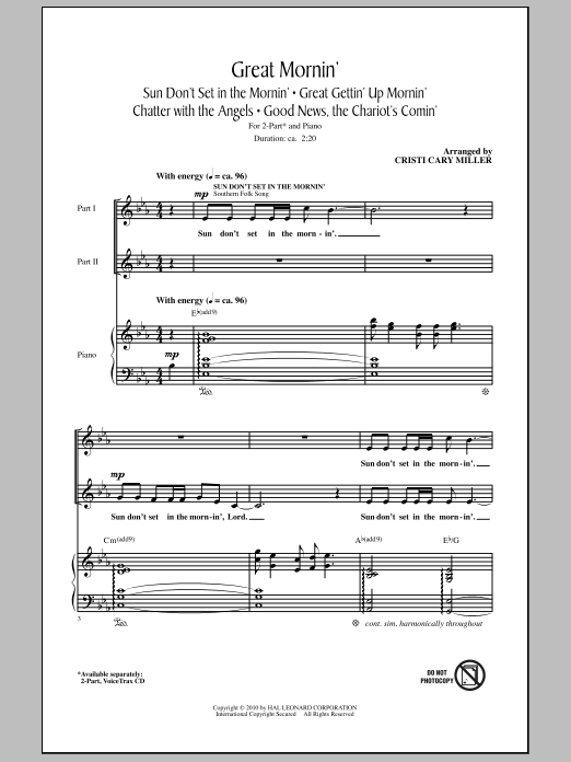 Download Cristi Cary Miller Great Mornin' Sheet Music and learn how to play 2-Part Choir PDF digital score in minutes