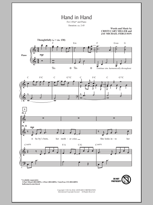 Download Cristi Cary Miller Hand In Hand Sheet Music and learn how to play 3-Part Mixed PDF digital score in minutes