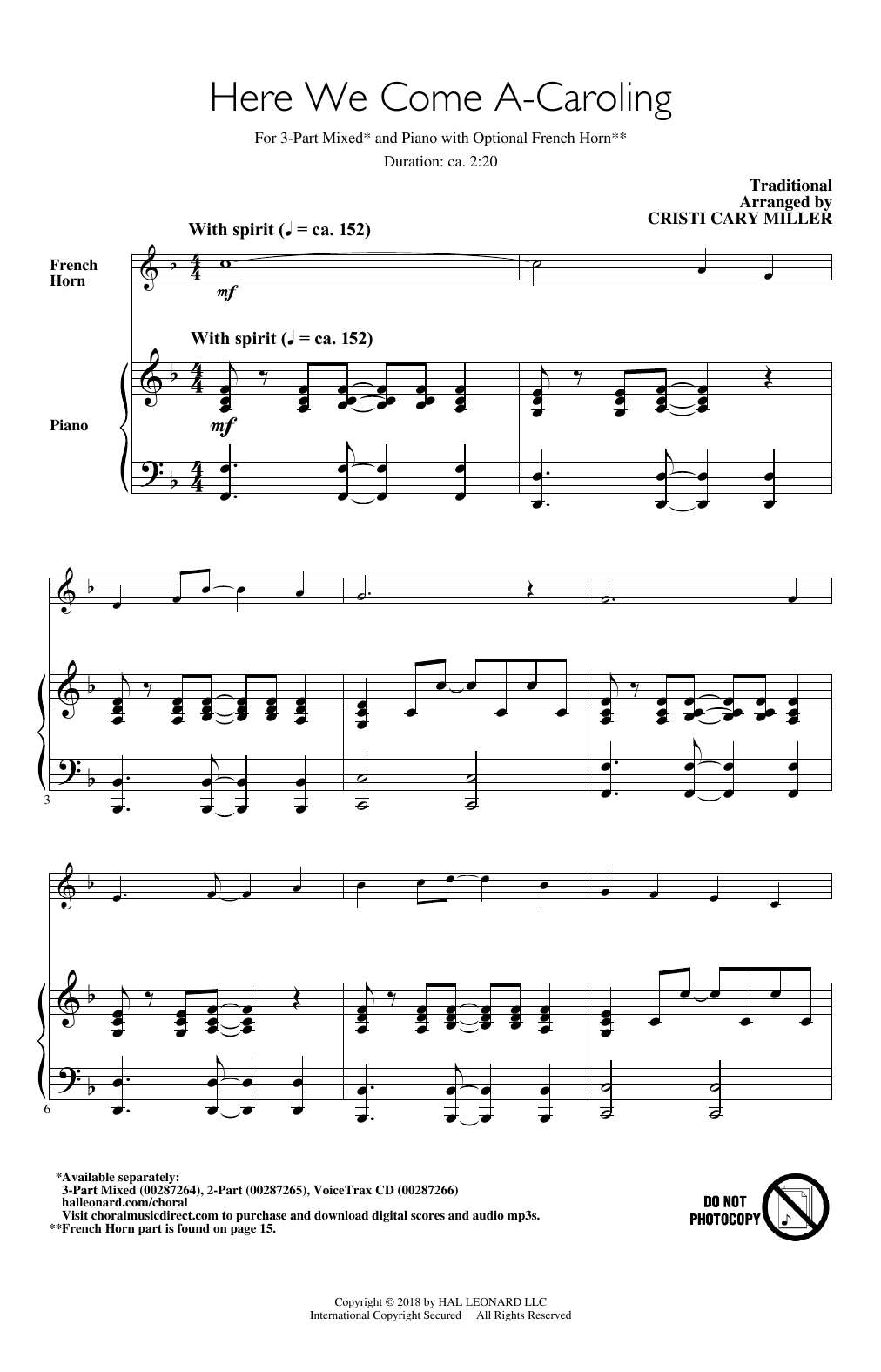 Download Cristi Cary Miller Here We Come A-Caroling Sheet Music and learn how to play 3-Part Mixed Choir PDF digital score in minutes