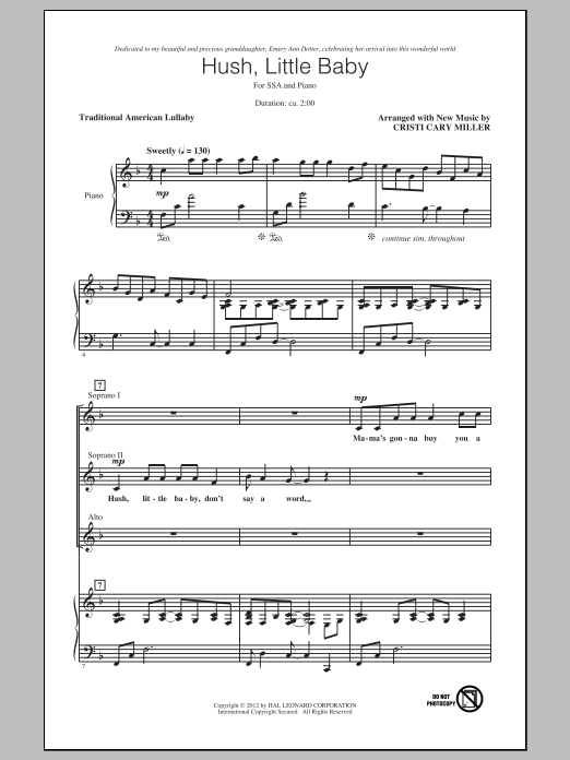 Download Traditional Hush, Little Baby (arr. Cristi Cary Miller) Sheet Music and learn how to play SSA PDF digital score in minutes