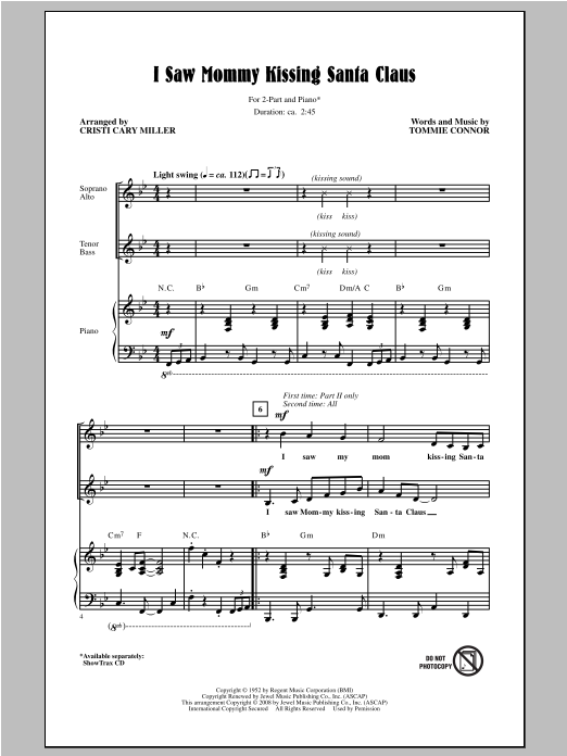 Download Tommie Connor I Saw Mommy Kissing Santa Claus (arr. Cristi Cary Miller) Sheet Music and learn how to play 2-Part Choir PDF digital score in minutes