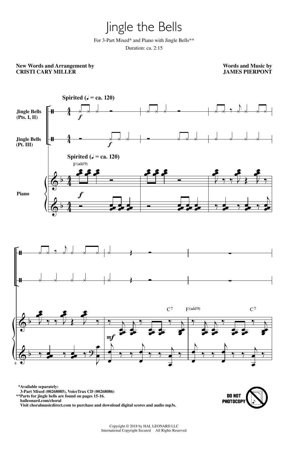 Download Cristi Cary Miller Jingle The Bells Sheet Music and learn how to play 3-Part Mixed PDF digital score in minutes